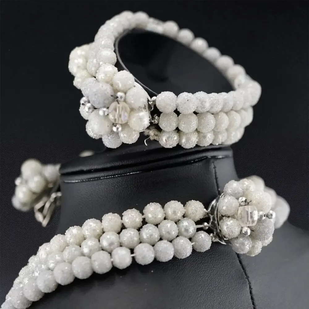 Vintage MCM Sugar Bead Parure Set White Multi Strand Necklace‎ Bracelet Set